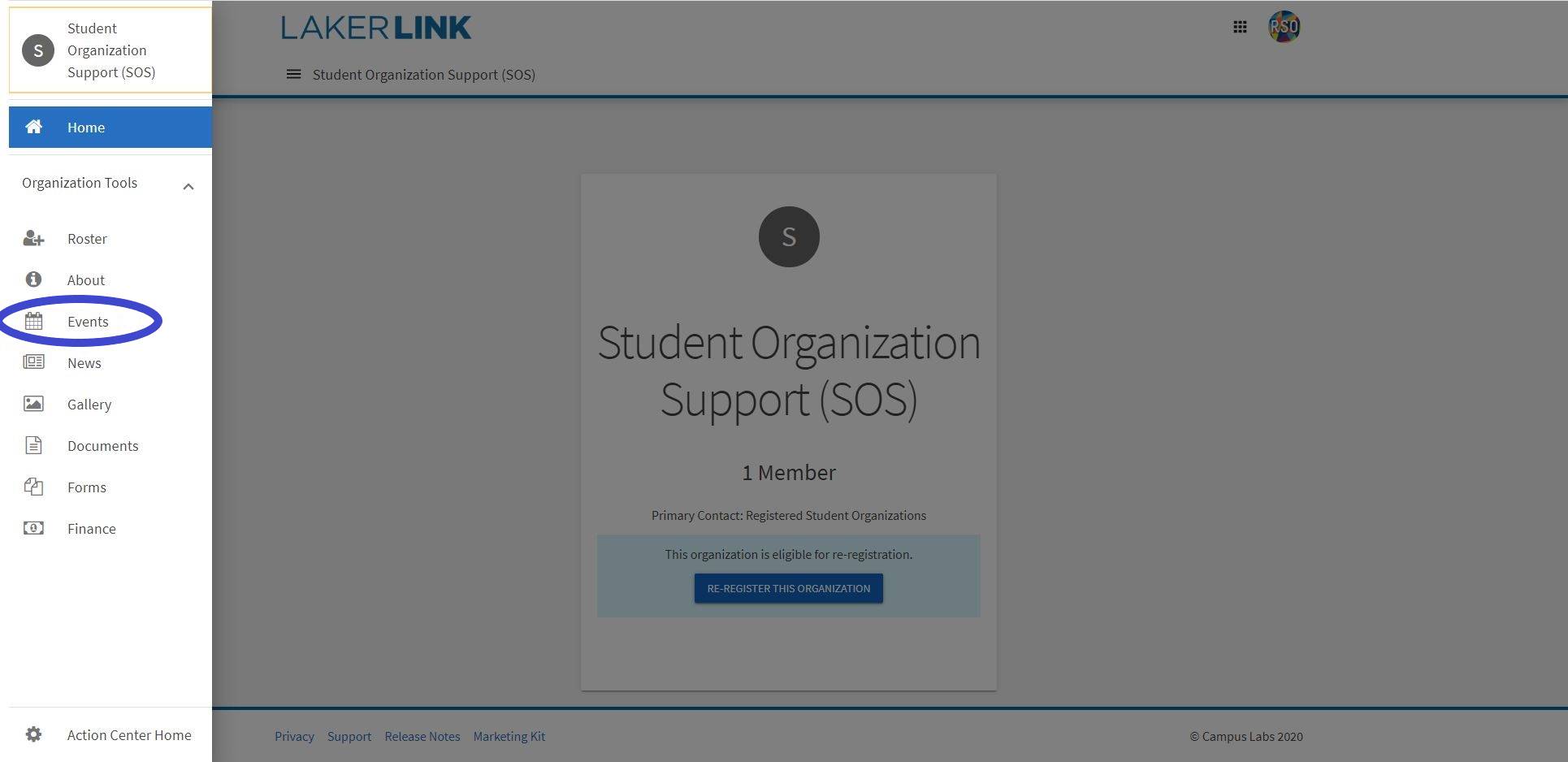 Screenshot of student organization profile in manage view with pull-out menu